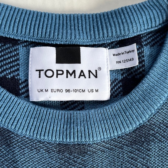 TOPMAN Sz M Blue Check Tipping Sweater Knit Shirt Stretch Short Sleeve Pullover - Picture 2 of 7